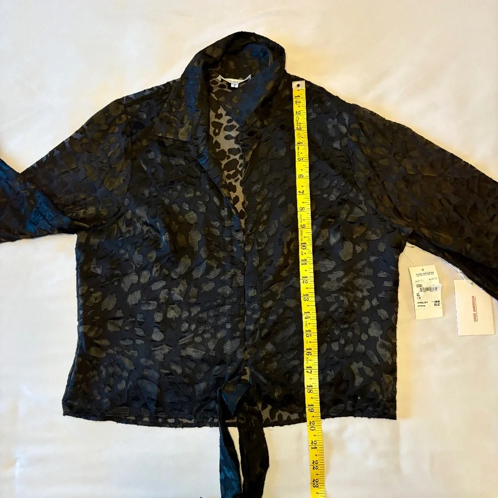 NWT Good American 2 (M) Long Sleeve Tie Front Black Leopard Burnout Blouse - Picture 4 of 9